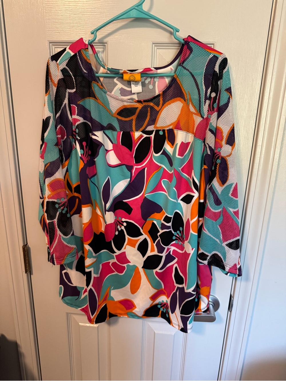Ruby Rd. Multicolor Floral Scoop Neck Tunic - Turquoise, Pink, Orange